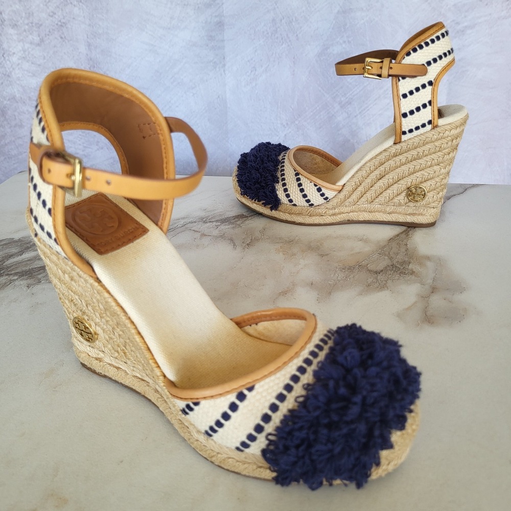 Tory Burch Shaw PomPom Wedge Espadrille Ankle Strap Sandals Size 6.5 Blue Stipe